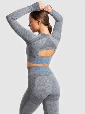 Gymshark Grey Seamless Long Sleeve Crop Top & High Waist Leggings with Blue Logo